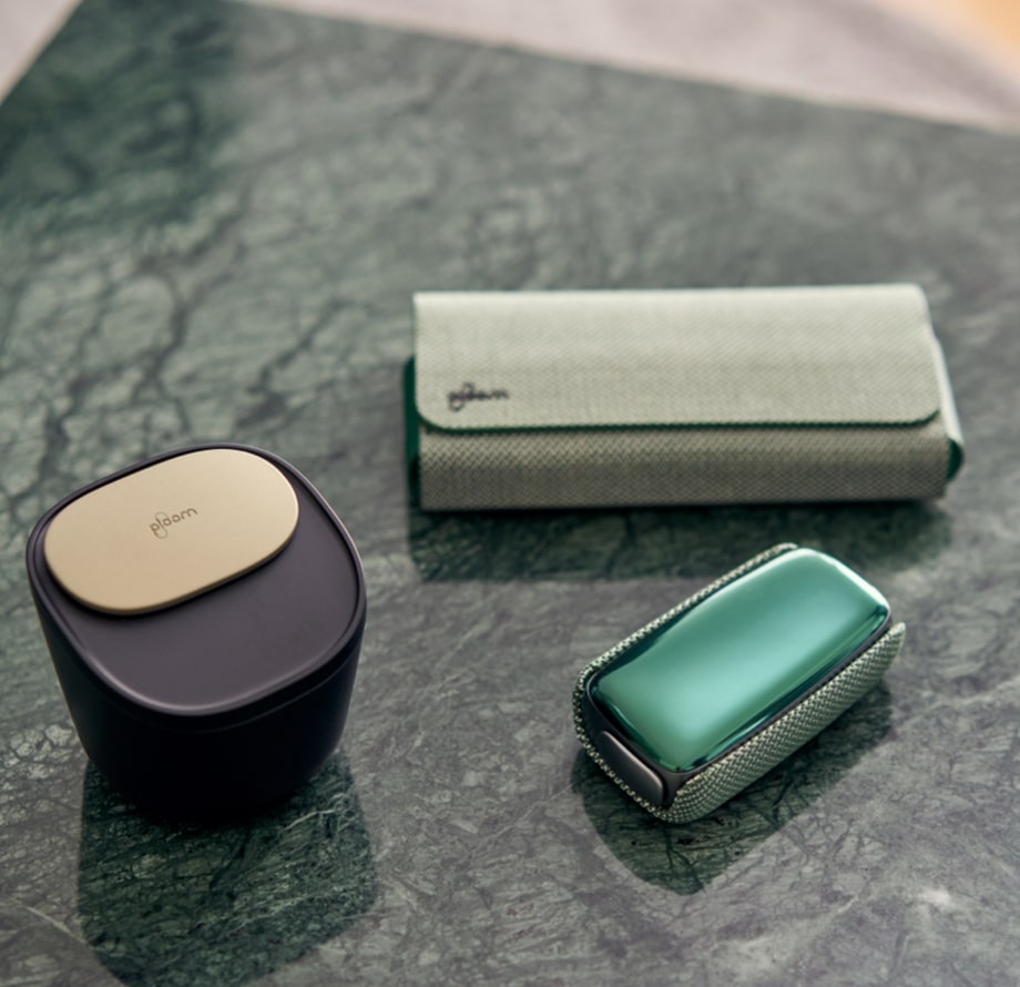 Príslušenstvo pre Ploom X Advanced - zelené textilné puzdro a zadný kryt so zariadením, dóza na použité náplne Camel